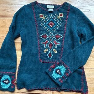 Hennes Collection Scandinavian Embroidered Teal Knit Sweater- size large